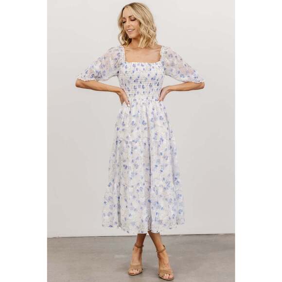 Baltic Born Fabian Jacquard Midi Dress | Blue Floral Size MM - Picture 2 of 5